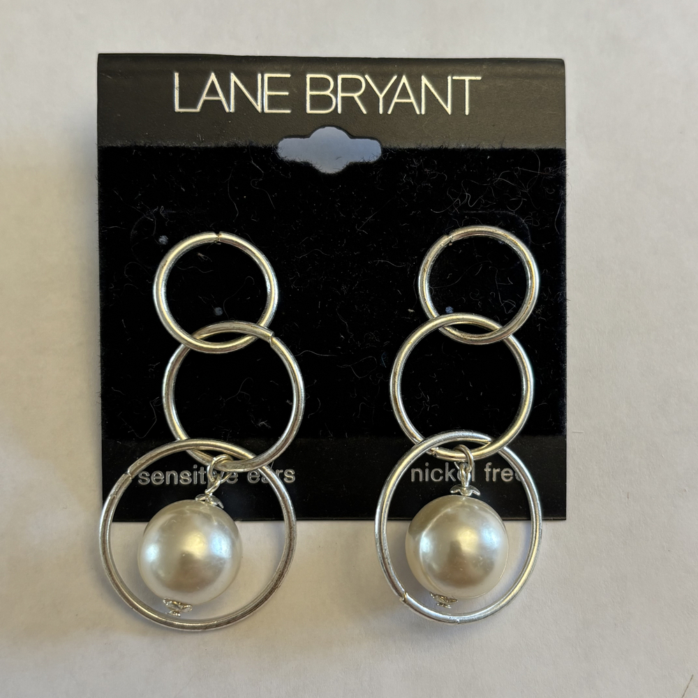 Lane Bryant Silver Triple Ring Faux Pearl Drop Earrings NWT